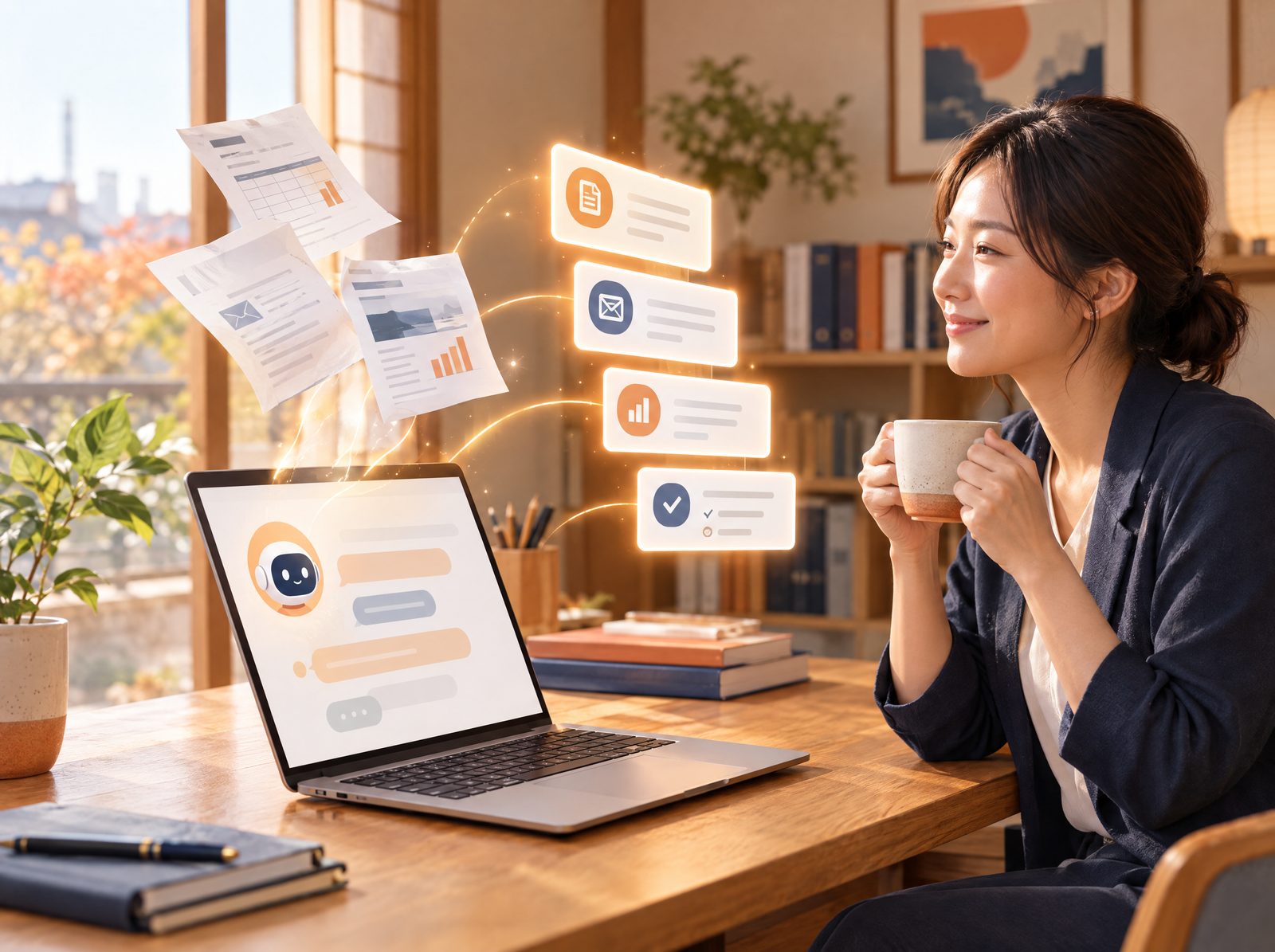 ノートパソコンのAIが、書類を整理された情報に変えていく様子のイメージ